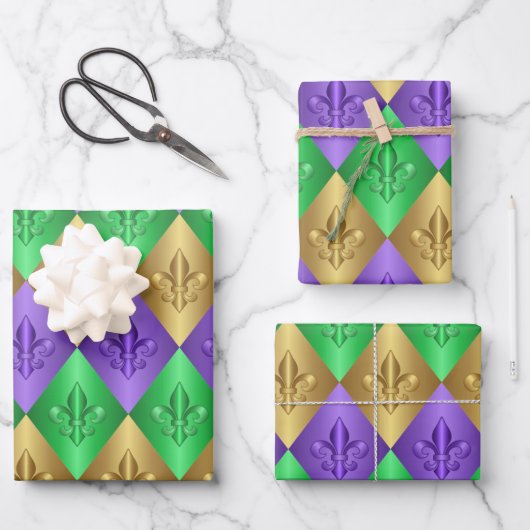 Harlequin Fleur-de-Lis Mardi Gras-Muster Geschenkpapier Set (Vorderseite)