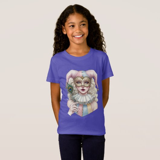 Harlequin in einer Maske mit Pfauenfeder T-Shirt (Vorne ganz)