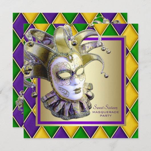 Harlequin Mardi Gras Masquerade Party Einladung (Vorne/Hinten)