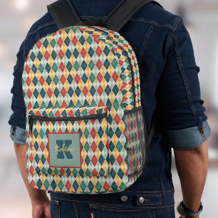 Harlequin Retro Red Gold Green Monogram Raute Bedruckter Rucksack