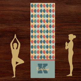 Harlequin Retro Red Gold Green Monogram Raute Yogamatte