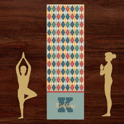 Harlequin Retro Red Gold Green Monogram Raute Yogamatte
