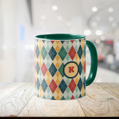 Harlequin Retro Red Gold Green Raute Initial Tasse