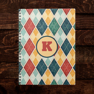 Harlequin Vintage Gold Rot Grün Monogramm Argyle Notizblock