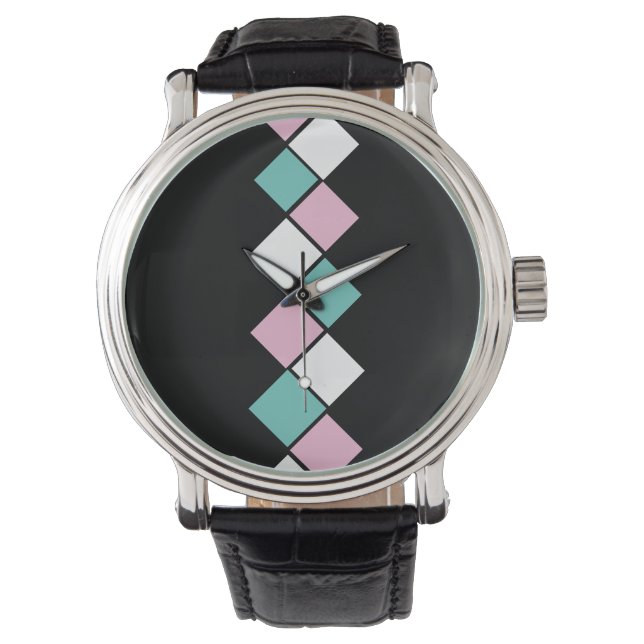 Harlequin Watch (Schwarz, Aqua und Rosa) Armbanduhr (Vorderseite)