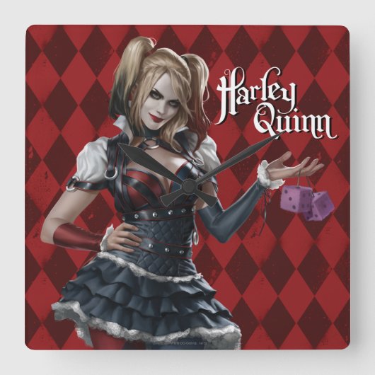 Harley Quinn mit Fuzzy Dice Quadratische Wanduhr (Vorderseite)