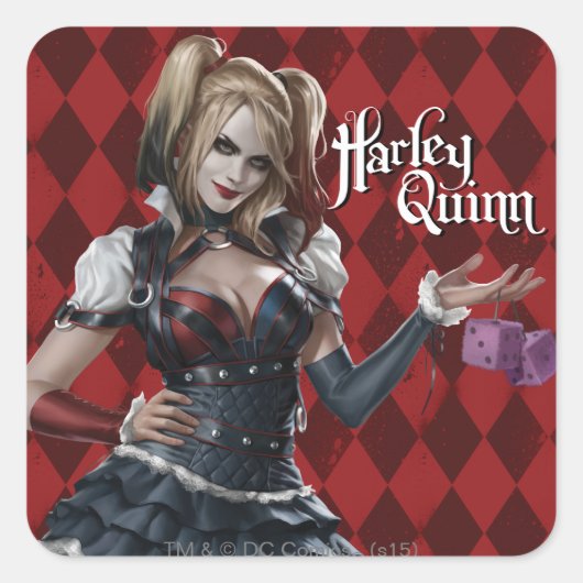 Harley Quinn mit Fuzzy Dice Quadratischer Aufkleber (Vorderseite)