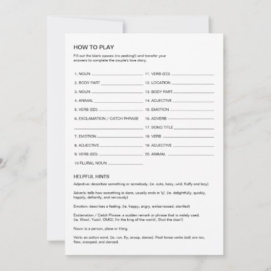 HARLOW Brautparty Libs, füllen Sie die leere Karte (Rückseite)