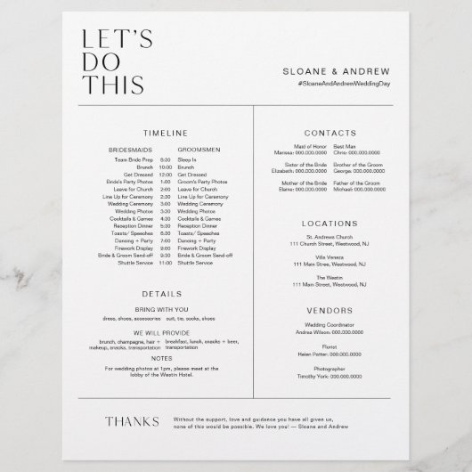 HARLOW Brautparty Zeitleiste, Route und Details (Vorderseite)