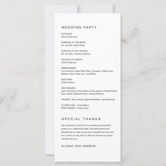 HARLOW Minimalistisch Wedding Program 4x9 (Rückseite)