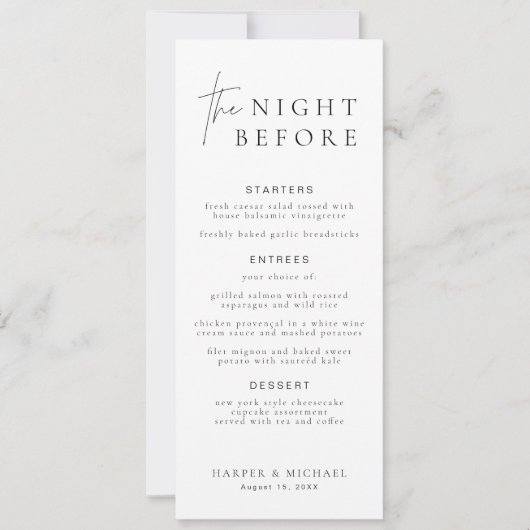 HARLOW Modern The Night Before Probe Menu Card Einladung (Vorderseite)