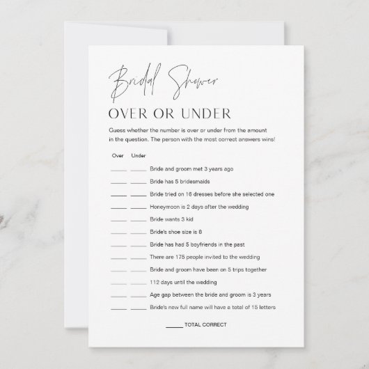 HARLOW Over oder Under Brautparty Game Card Einladung (Vorderseite)