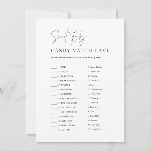 HARLOW Sweet Baby Shower Candy Match Game Card Einladung (Vorderseite)