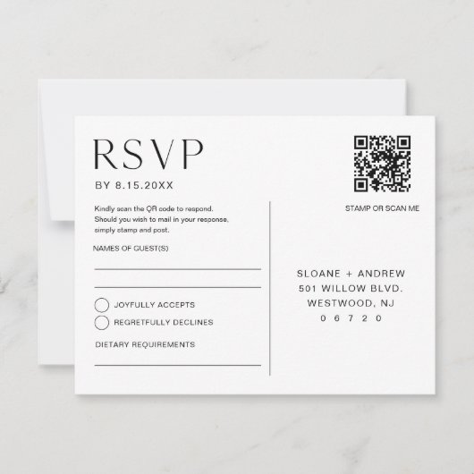HARLOW Wedding RSVP QR Code Postkarte (Vorderseite)