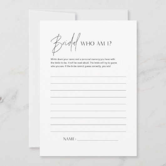 HARLOW Wer bin ich Brautparty Game Card Einladung (Vorderseite)