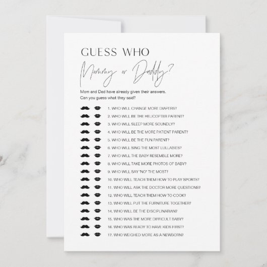 HARLOW Wer sagte es Mama oder Daddy Baby Game Card Einladung (Vorderseite)