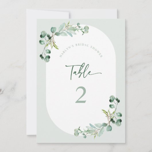 HARLYN Tischnummer Eucalyptus Brautparty Card (Vorderseite)