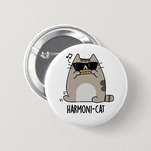 Harmoni-cat Funny Harmonica Cat Pun Button (Vorne & Hinten)