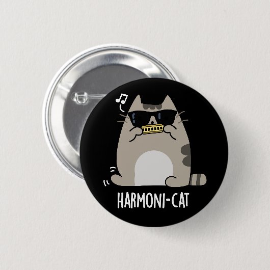Harmoni-cat Funny Harmonica Cat Pun Dark BG Button (Vorne & Hinten)