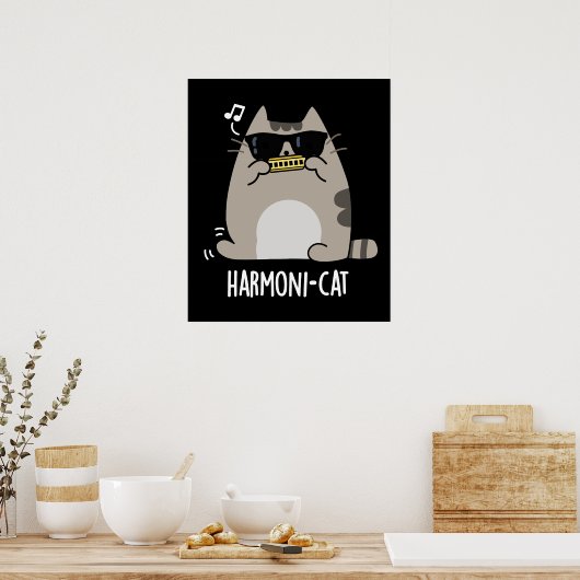 Harmoni-cat Funny Harmonica Cat Pun Dark BG Poster (Küche)