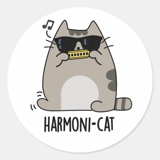 Harmoni-cat Funny Harmonica Cat Pun Runder Aufkleber (Vorderseite)