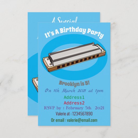 Harmonica Cartoon Illustration Einladung (Vorne/Hinten)