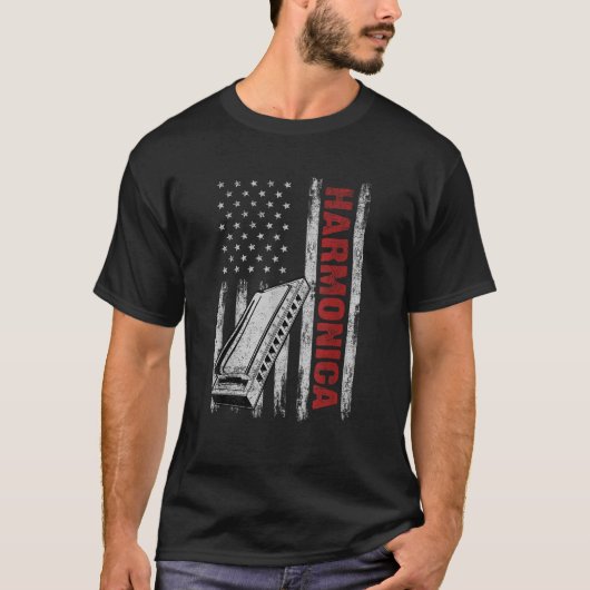 Harmonica Musical Instrument American Flag 4. T-Shirt (Vorderseite)