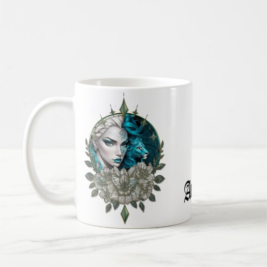 Harmonie der Elemente, die Frau mit dem Löwen. Kaffeetasse (Links)