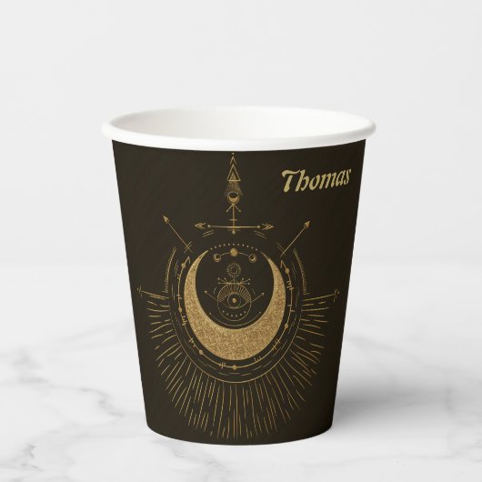Harmonie der Elemente: Mond, Gold und Geometrie. Pappbecher (Vorderseite)