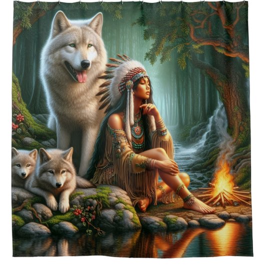Harmonie zwischen Indianern und Wölfen in der Natu Duschvorhang (Vorderseite)
