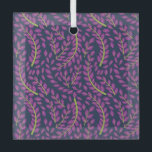 Harmonious Botanical Art on Dark Blue Background Ornament Aus Glas<br><div class="desc">Purple leafy branches with green stems form a seamless pattern on a dark blue background,  creating a vibrant and harmonious botanical design.</div>