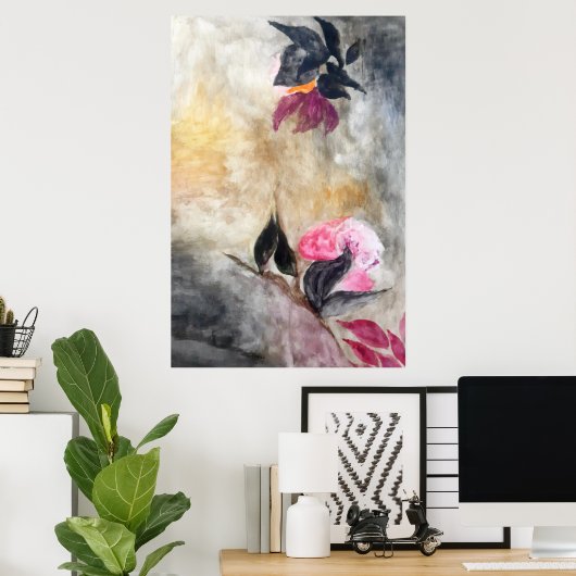 Harmonisch rosa Blume Schwarze Blätter Abstrakt Poster (Heimbüro)