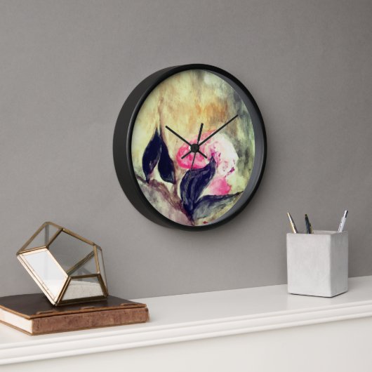 Harmonisch rosa Blume Schwarze Blätter Abstrakt Uhr (Büro)