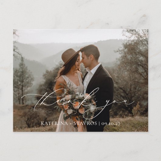 HARMONY Beige Script Wedding Foto Vielen Dank Postkarte (Vorderseite)