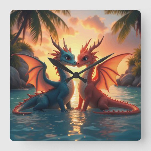 Harmony of Elements: Loving Dragons and a Sea Suns Quadratische Wanduhr (Vorderseite)