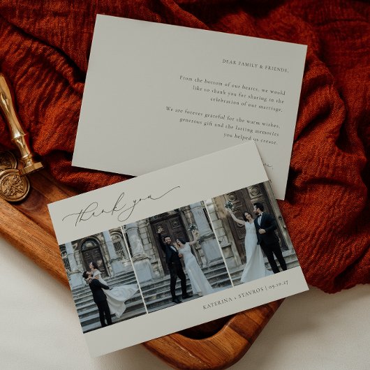 HARMONY Olive Green Minimalistisch 3 Foto Hochzeit Dankeskarte