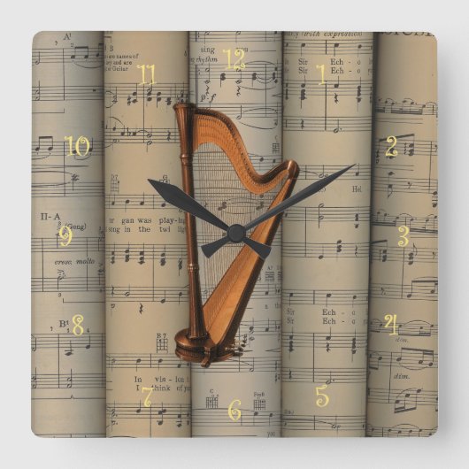 Harp ~ Hintergrund der Notenblätter ~ Musik Quadratische Wanduhr (Vorderseite)
