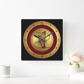 Harp~Musical Scroll~Gold/Maroon/Black Background~ Quadratische Wanduhr (Zuhause)