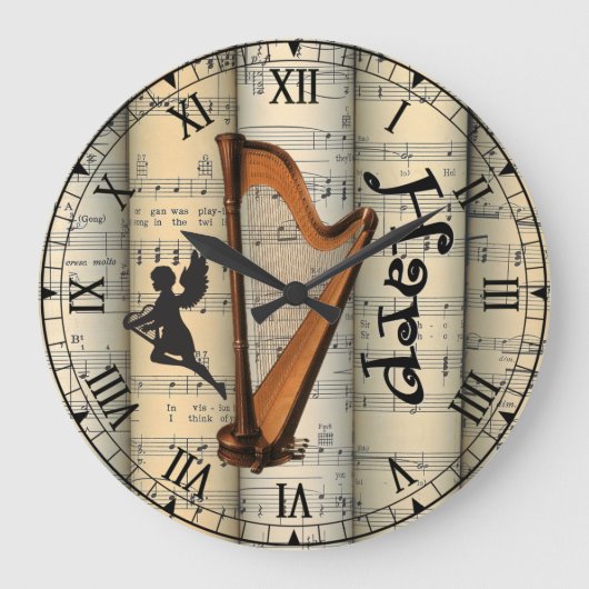 Harp ~ Vintage Noten in Rollen ~ Unique ~ Große Wanduhr (Vorderseite)