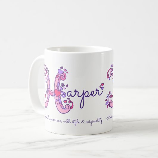 Harper Name bedeutet Herz-Blume H Monogramm Tasse (Vorderseite Links)