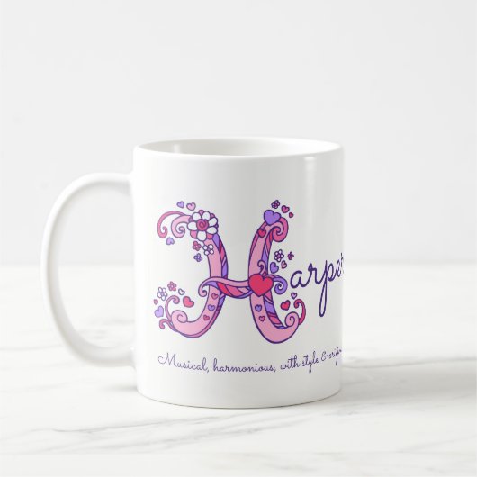Harper Name bedeutet Herz-Blume H Monogramm Tasse (Links)