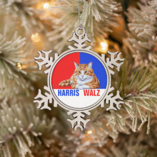 Harris Walz 2024 offensichtlich Cat Red Blue Schneeflocken Zinn-Ornament