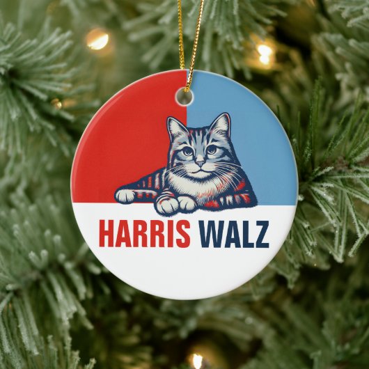Harris Walz 2024 offensichtlich Red Blue Cat Keramik Ornament (Baum)