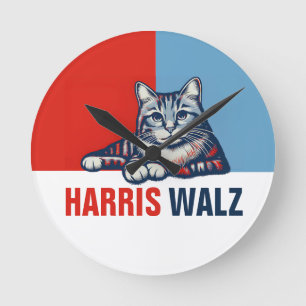 Harris Walz 2024 offensichtlich Red Blue Cat Runde Wanduhr