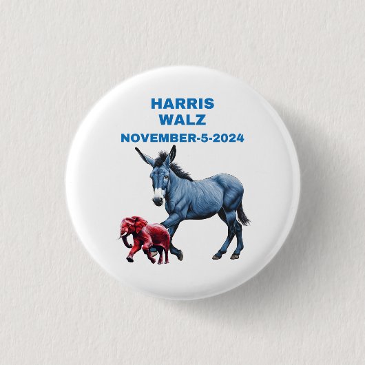 Harris/Walz, blau abstimmen, Esel, Elefant, Wahlen Button (Vorderseite)