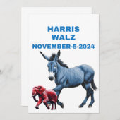 Harris/Walz, blau abstimmen, Esel, Elefant, Wahlen Einladung (Vorne/Hinten)