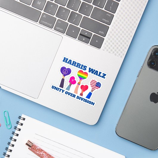 Harris Walz Unity über Division LGBTQ Dark Blue Aufkleber (Laptop mit iPhone)