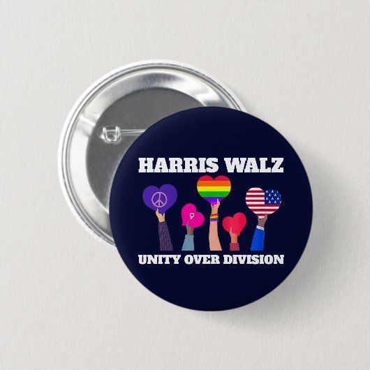 Harris Walz Unity über Division LGBTQ Dark Blue Button (Vorne & Hinten)