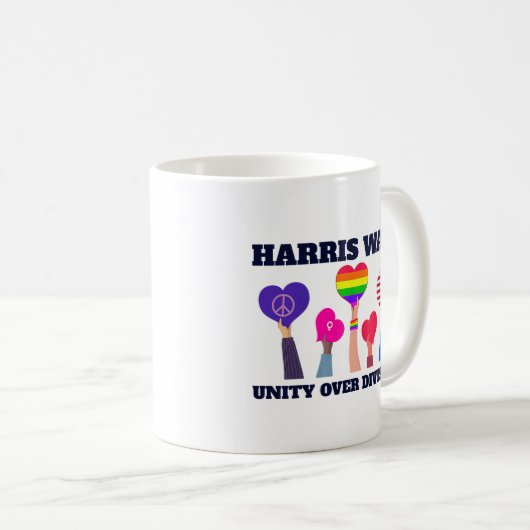 Harris Walz Unity über Division LGBTQ Dark Blue Kaffeetasse (VorderseiteRechts)