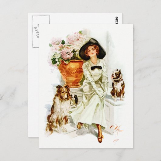 Harrison Fisher: Frau mit drei Hunden Postkarte (Vorne/Hinten)